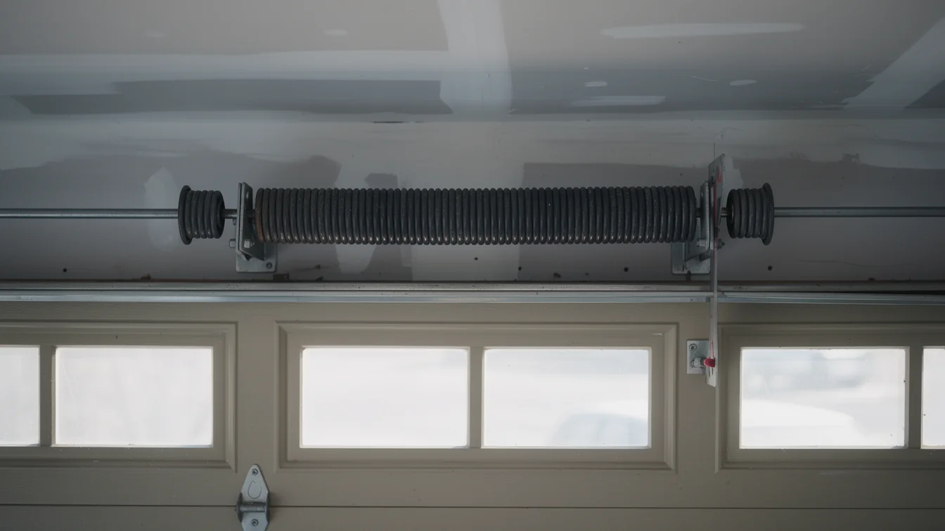 A torsion spring is mounted above a closed garage door with windows.