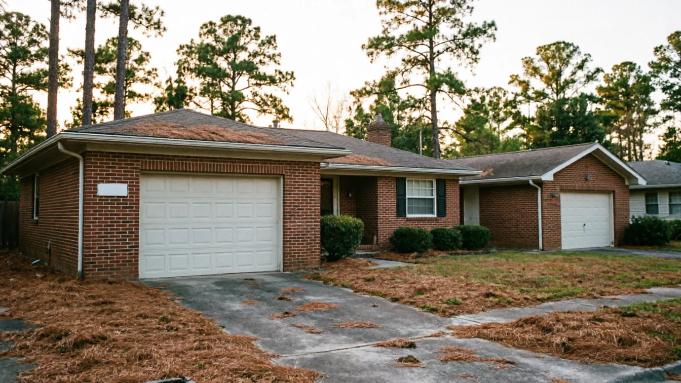 A brick house with two white garage doors and pine needles on the ground.